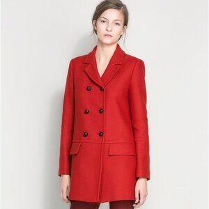 Zara Red Double Breasted Wool Peacoat With Collar Coat Size Small